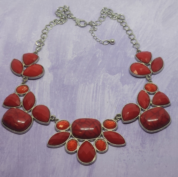 Bold Red & Silver Tone Statement Necklace - Picture 2 of 7